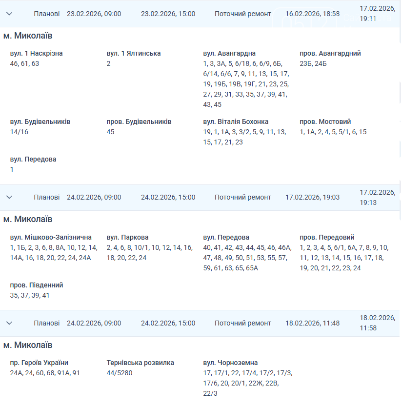 плановые отключения в Николаеве 23 февраля