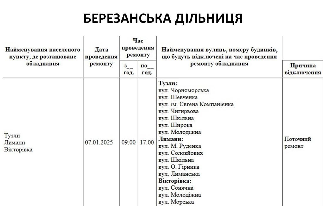 Плановые отключения света в Николаевской области