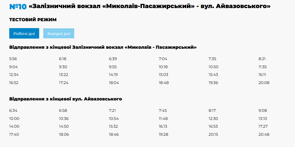 Расписание движения троллейбусов Николаев