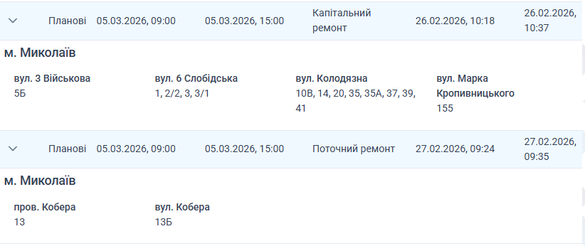 Отключение света Николаев