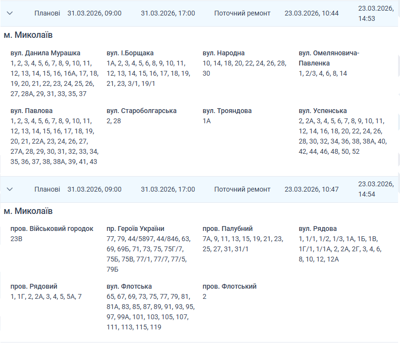 Отключение света Николаев